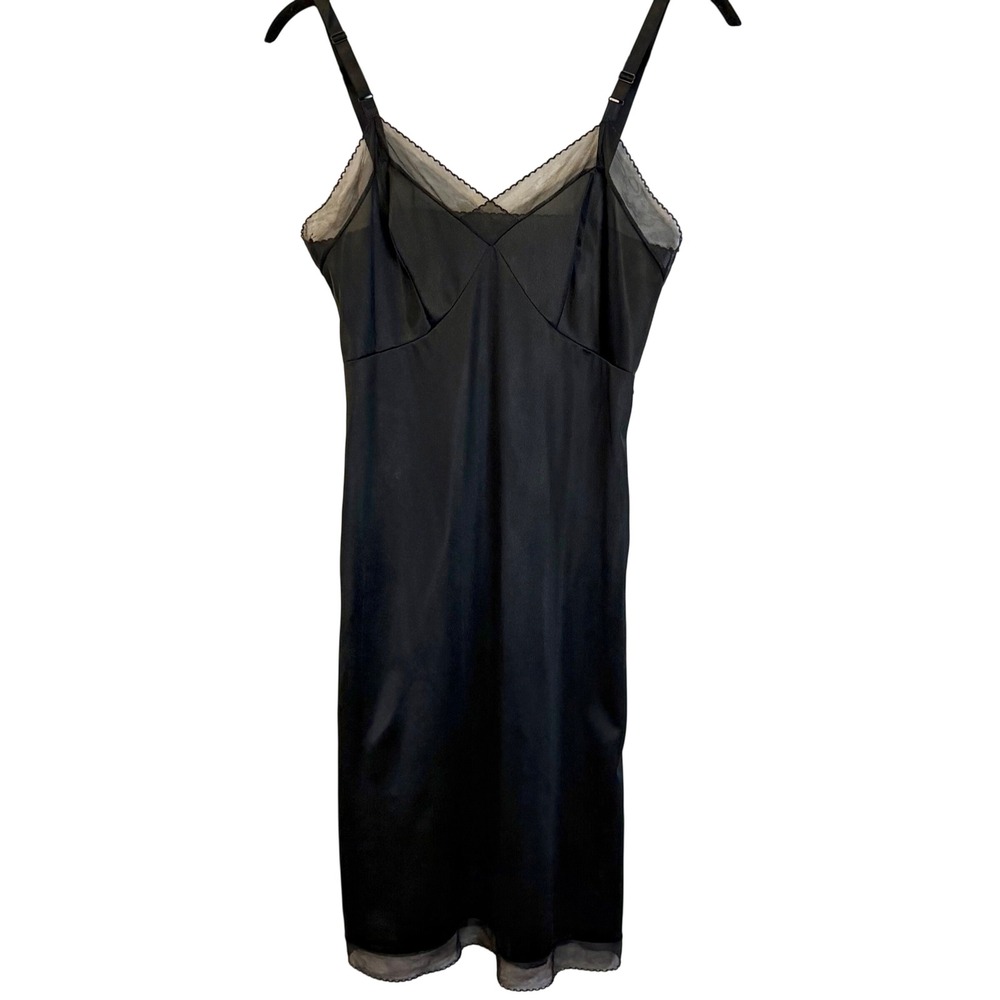 Vintage 90s Y2K Minimalist Black Full Slip Dress Sheer Mesh Trim Lingerie Midi